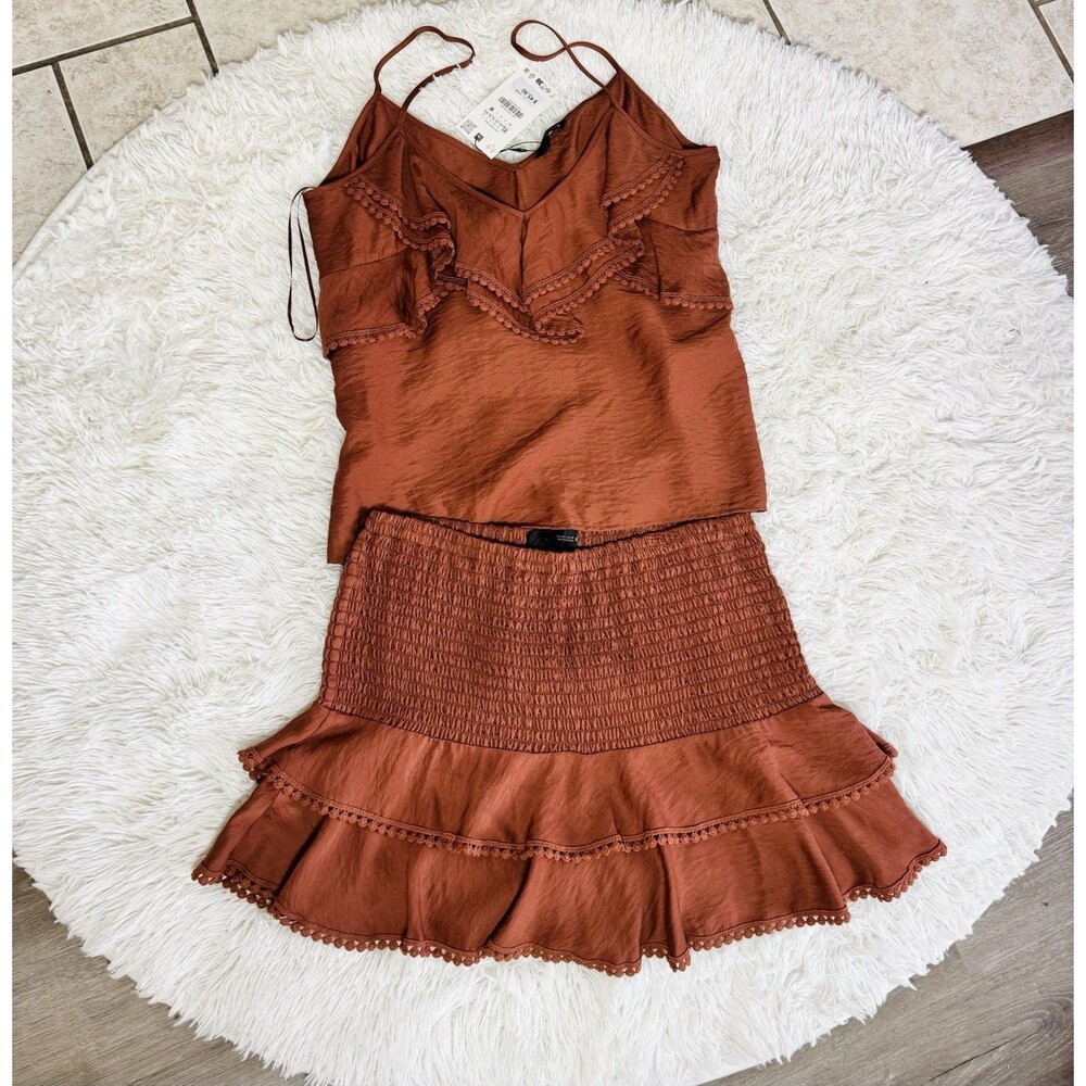 Zara Rust Terracotta Coords Ruffle Cami & Smocked Mini Skort Top XL & Skirt L